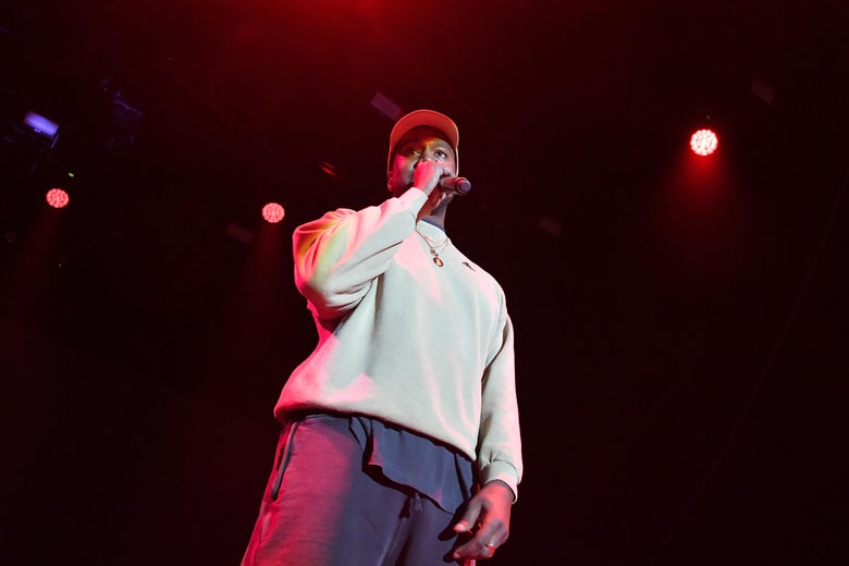 LOS ANGELES, CA - FEBRUARY 17: Kanye West onstage at adidas Creates 747 Warehouse St. - an event in basketball culture on February 17, 2018 in Los Angeles, California. (Photo by Neilson Barnard/Getty Images for adidas)